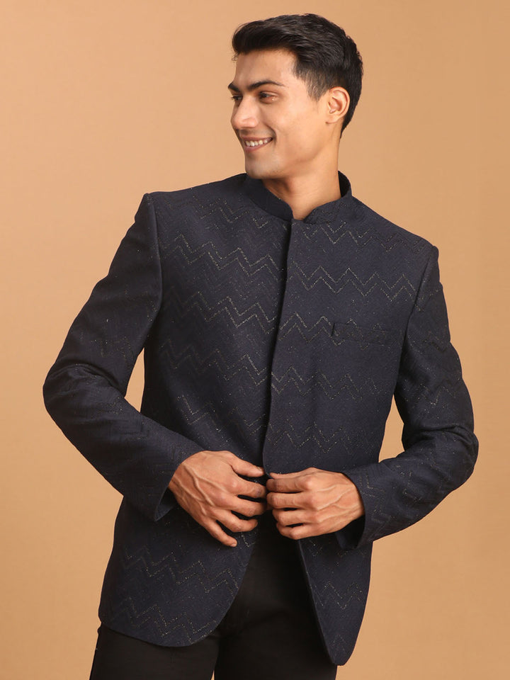 Men's Navy Blue Silk Blend Glitter Zig Zag Jodhpuri