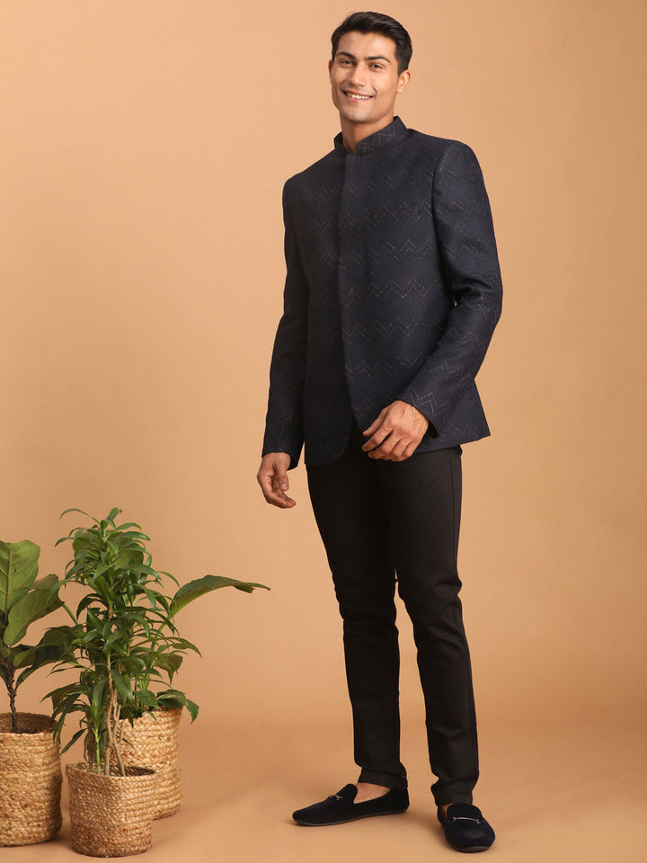 Men's Navy Blue Silk Blend Glitter Zig Zag Jodhpuri