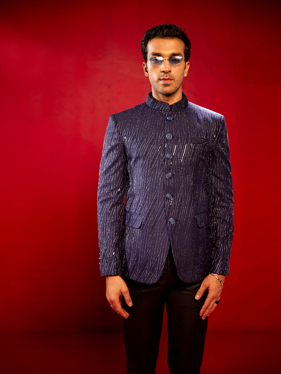Men's Navy Blue Sequined Jodhpuri