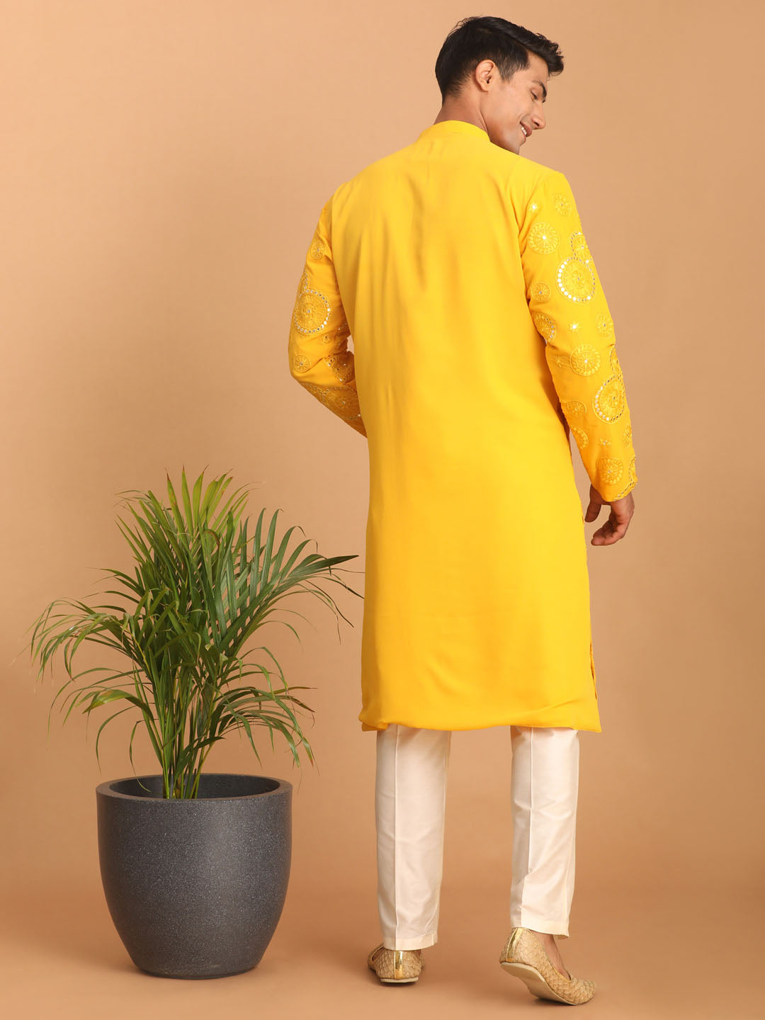 Men's Yellow Embroidered Kurta Pant Set