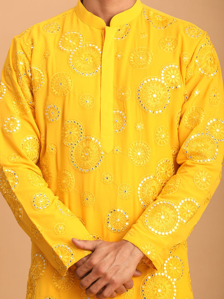Men's Yellow Embroidered Kurta Pant Set