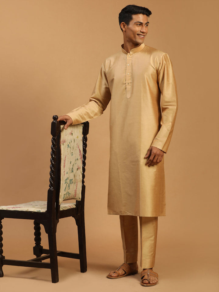 Men's Rose Gold Viscose Kurta With Pant Set