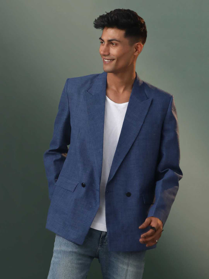 Men's Blue Jute Cotton Blazer