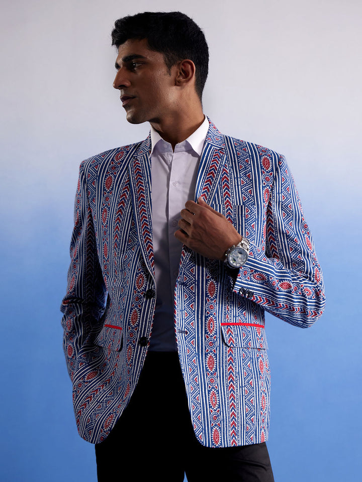 Men's Aqua And Red Ethnic Printed Ctton Blazer