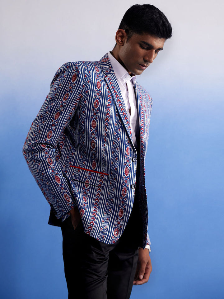 Men's Aqua And Red Ethnic Printed Ctton Blazer