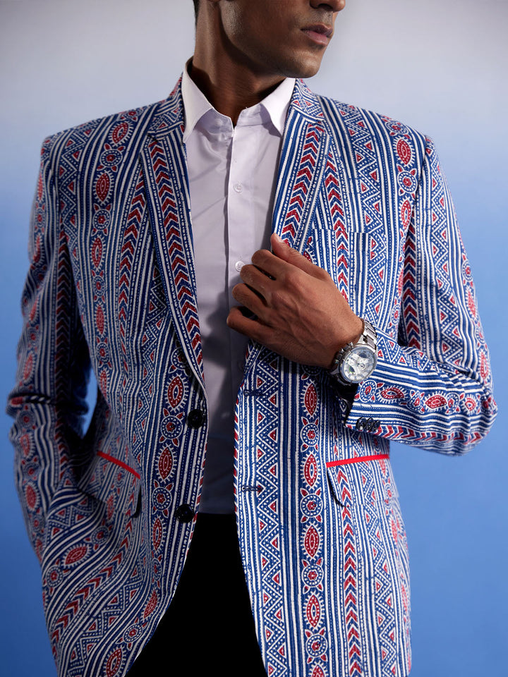 Men's Aqua And Red Ethnic Printed Ctton Blazer