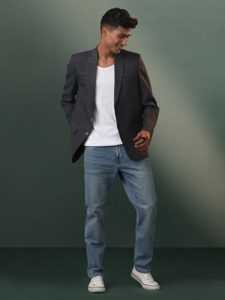 Men's Black Checked Cotton Blend Blazer