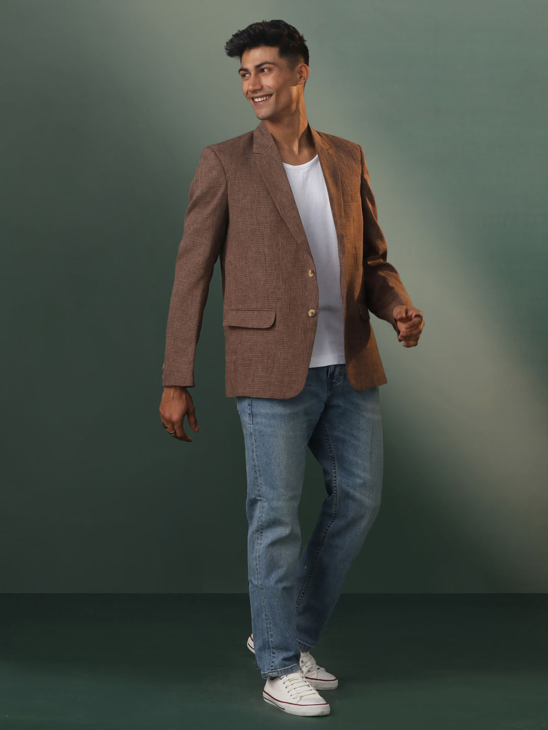 Men's Brown Checked Cotton Blend Blazer