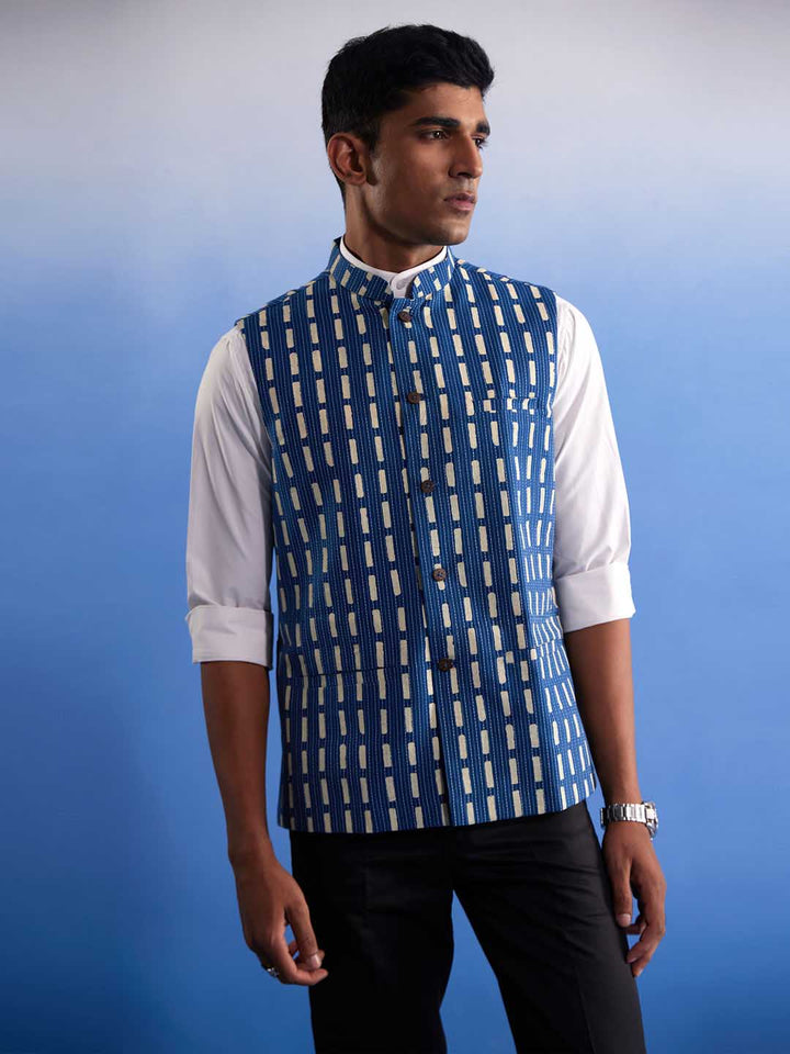 Men's Blue Rubber Print Nehru Jacket