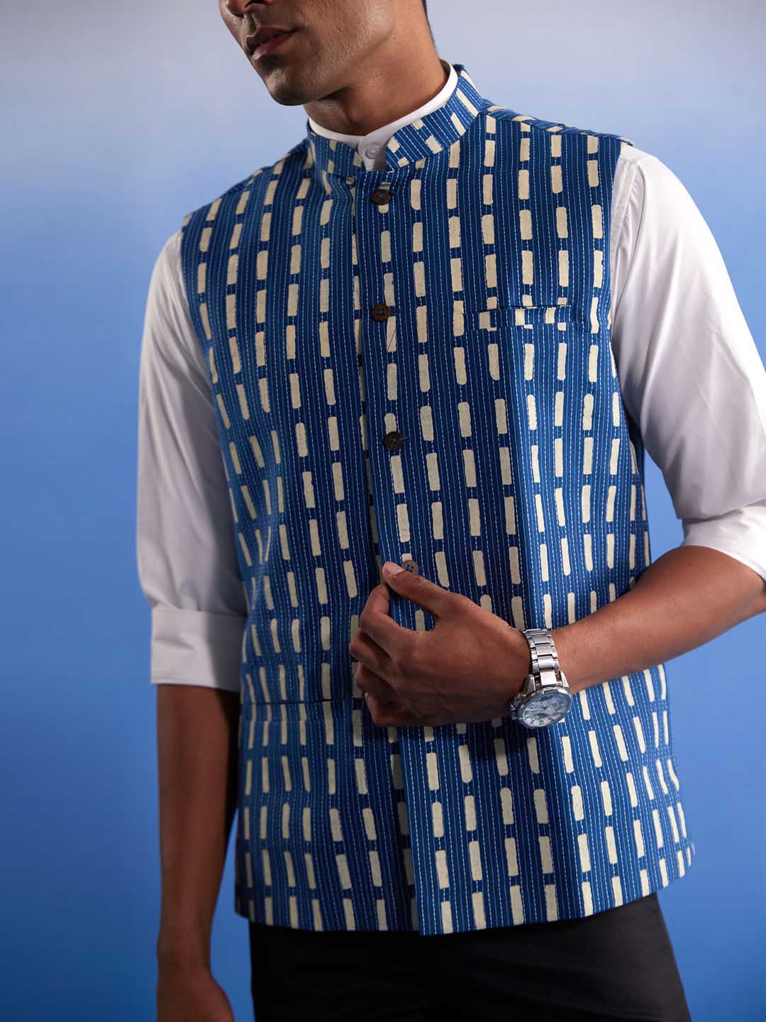 Men's Blue Rubber Print Nehru Jacket