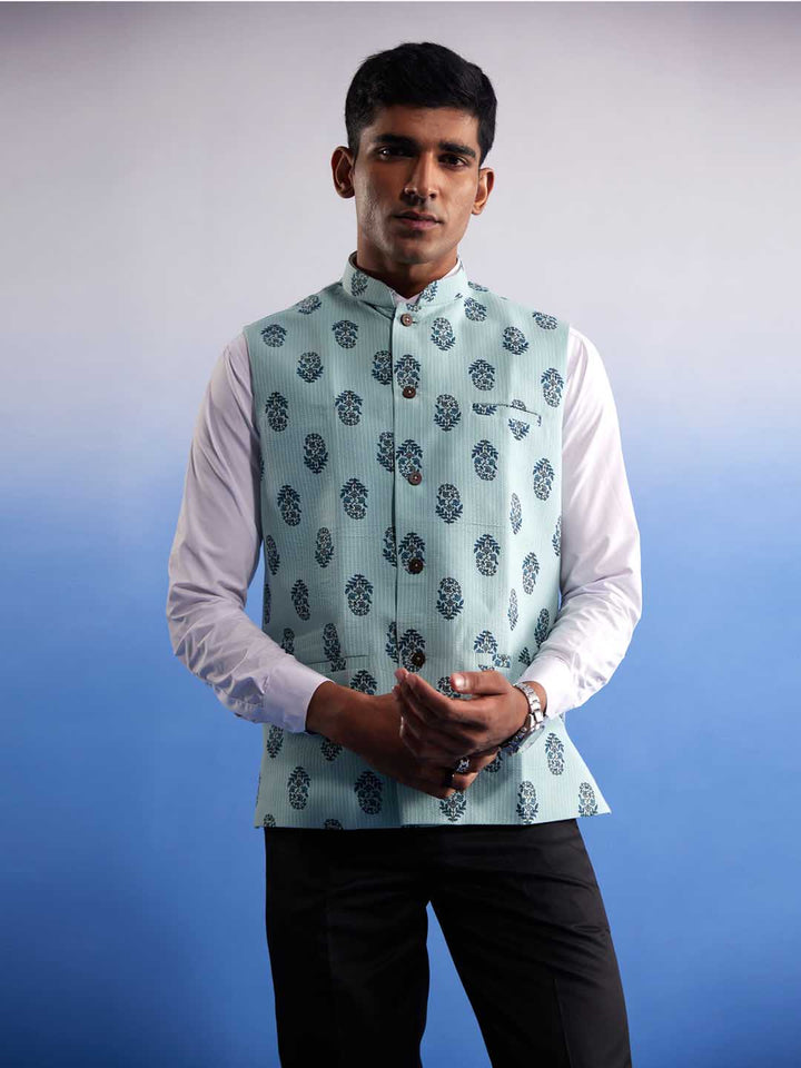 Men's Mint Green Ethnic Motif Printed Nehru Jacket