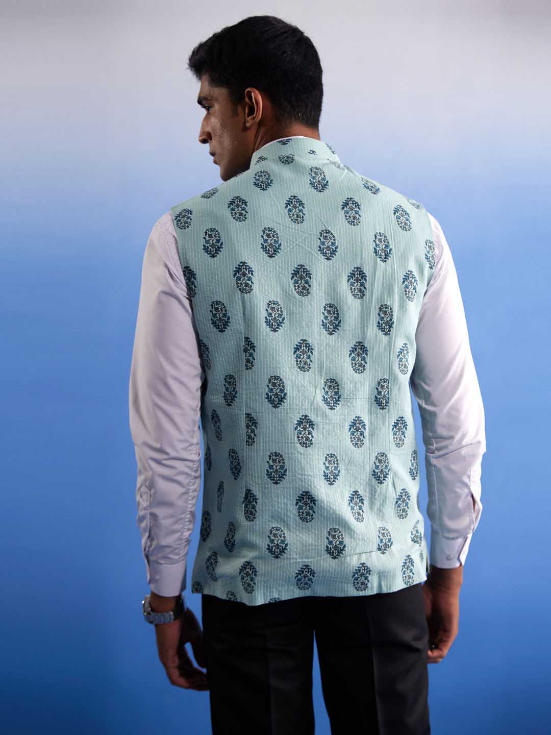 Men's Mint Green Ethnic Motif Printed Nehru Jacket