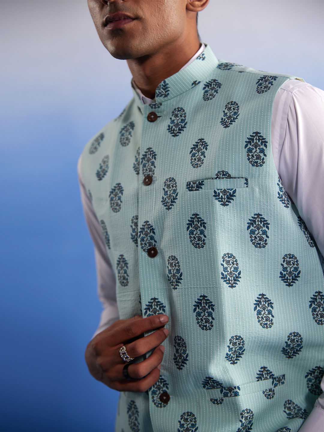 Men's Mint Green Ethnic Motif Printed Nehru Jacket