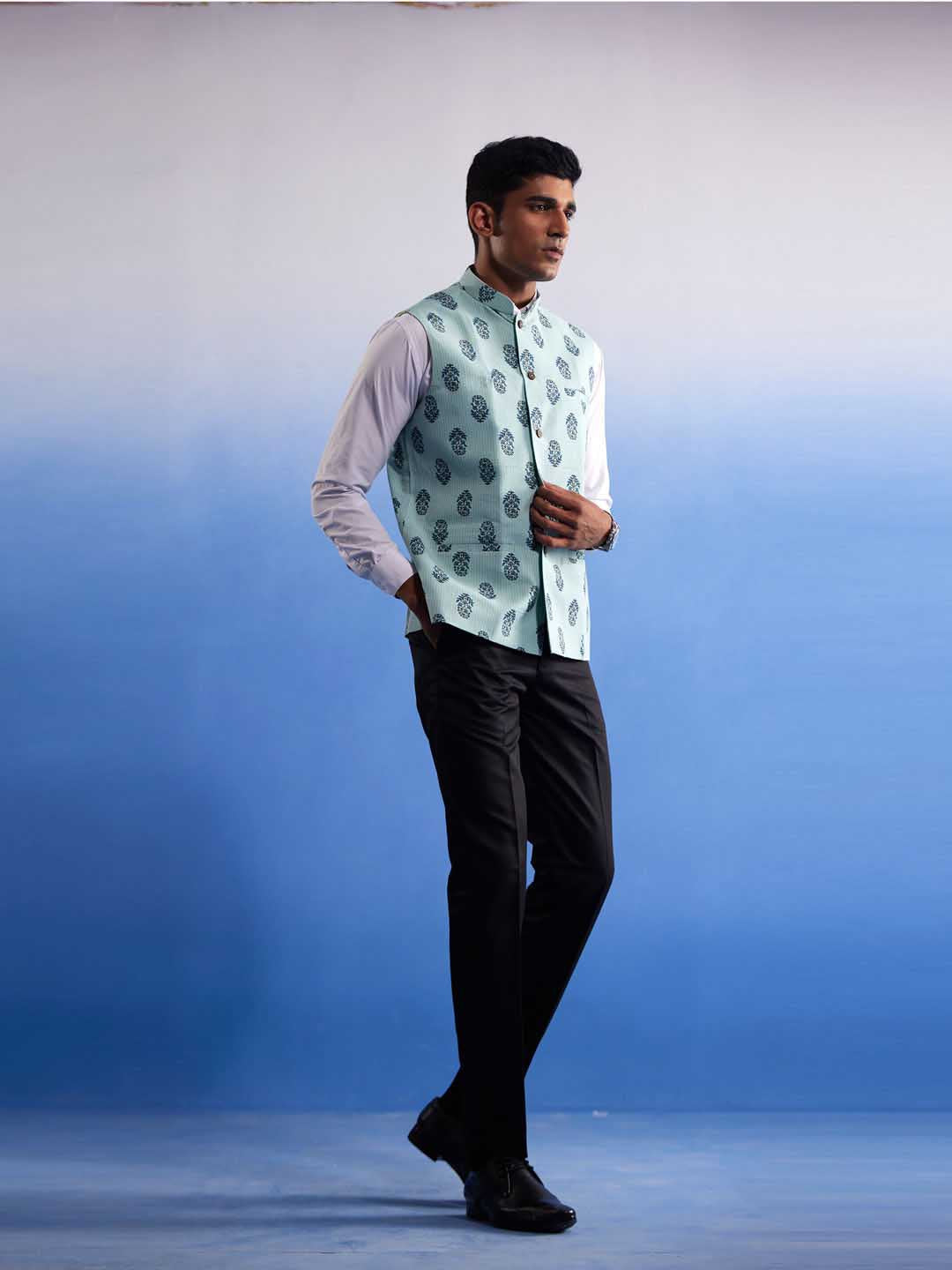 Men's Mint Green Ethnic Motif Printed Nehru Jacket