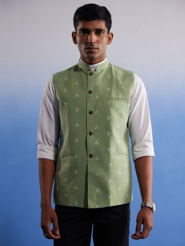 Men's Green Jacquard Nehru Jacket
