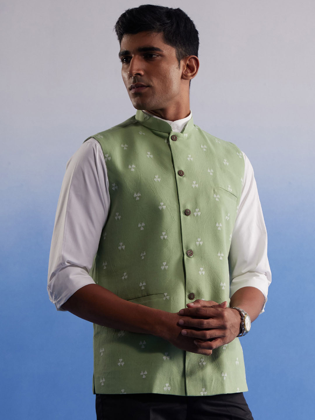 Men's Green Jacquard Nehru Jacket