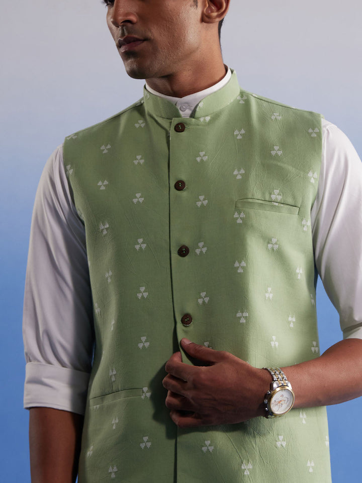 Men's Green Jacquard Nehru Jacket