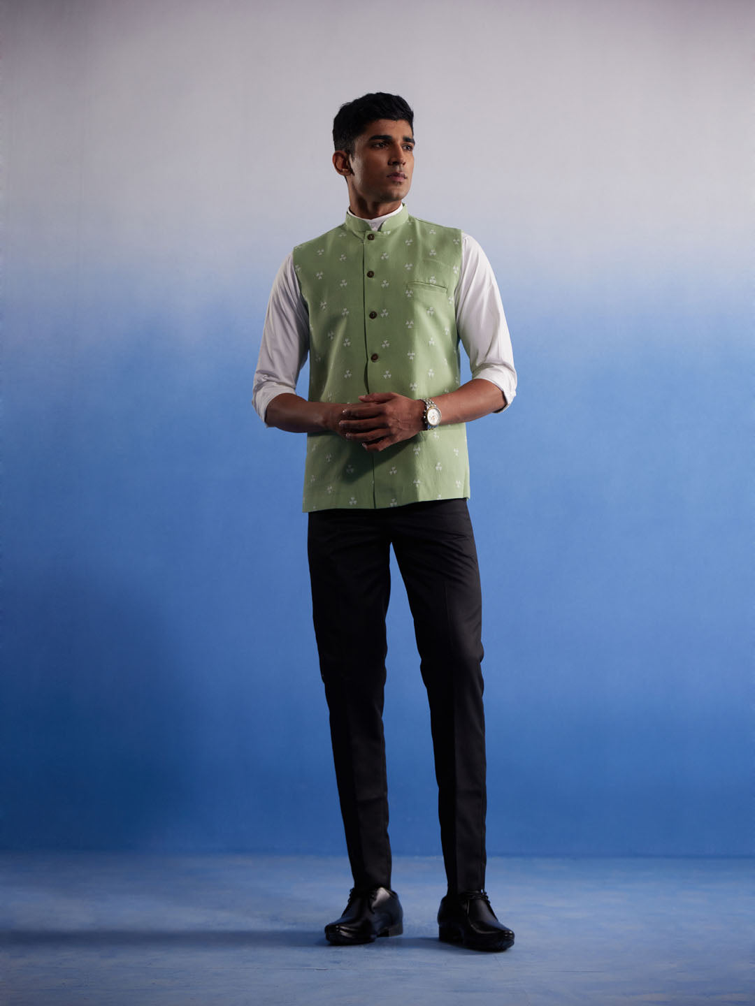 Men's Green Jacquard Nehru Jacket