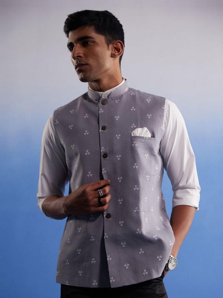 Men's Grey Jacquard Nehru Jacket
