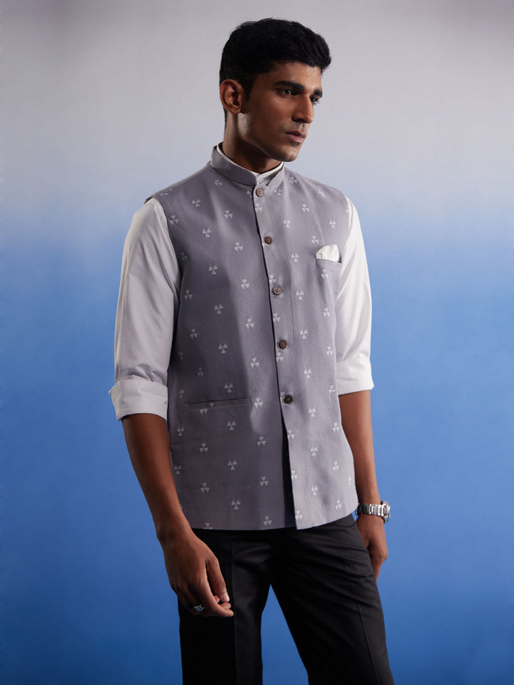 Men's Grey Jacquard Nehru Jacket