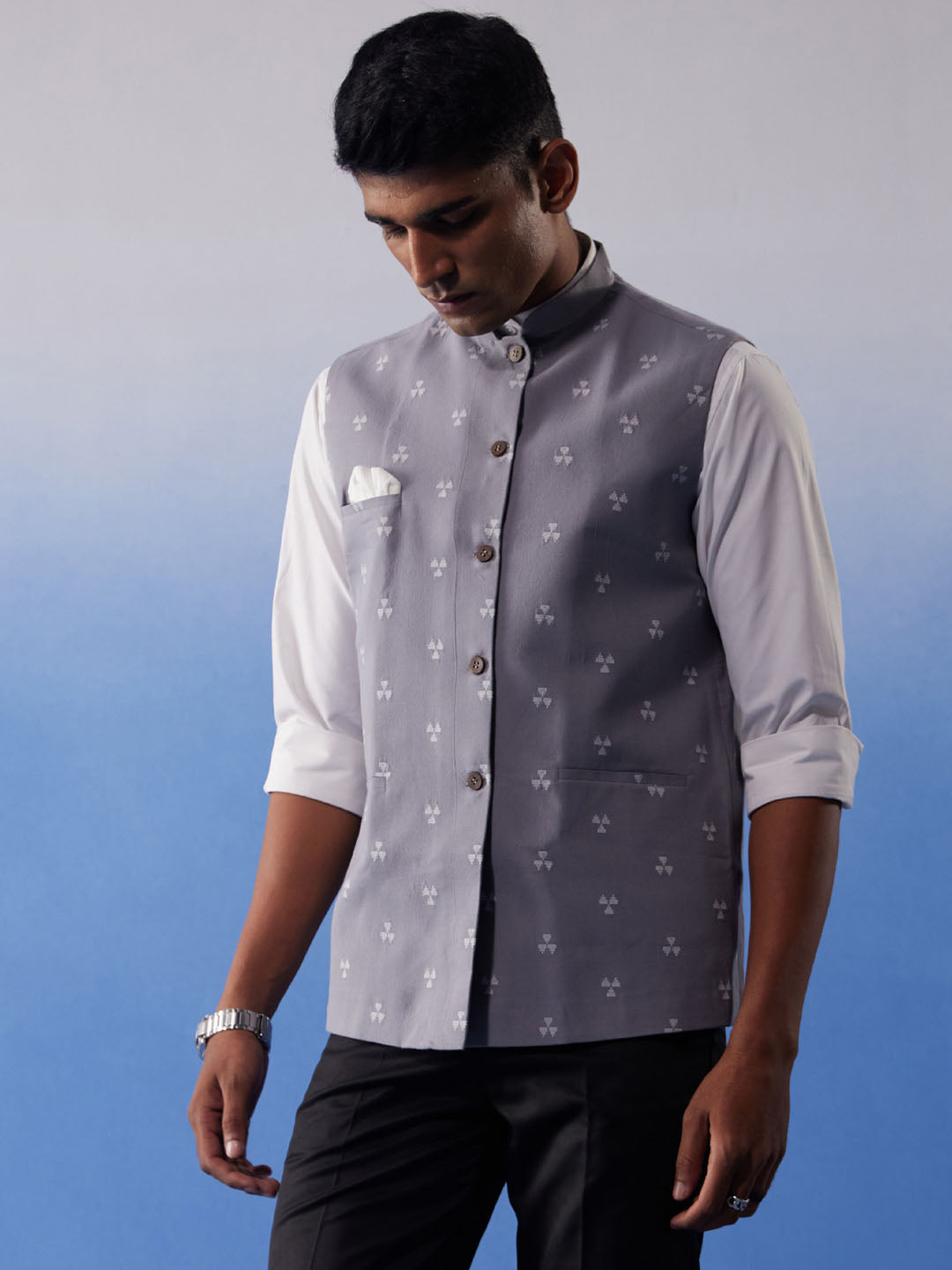 Men's Grey Jacquard Nehru Jacket