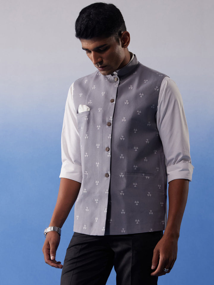 Men's Grey Jacquard Nehru Jacket