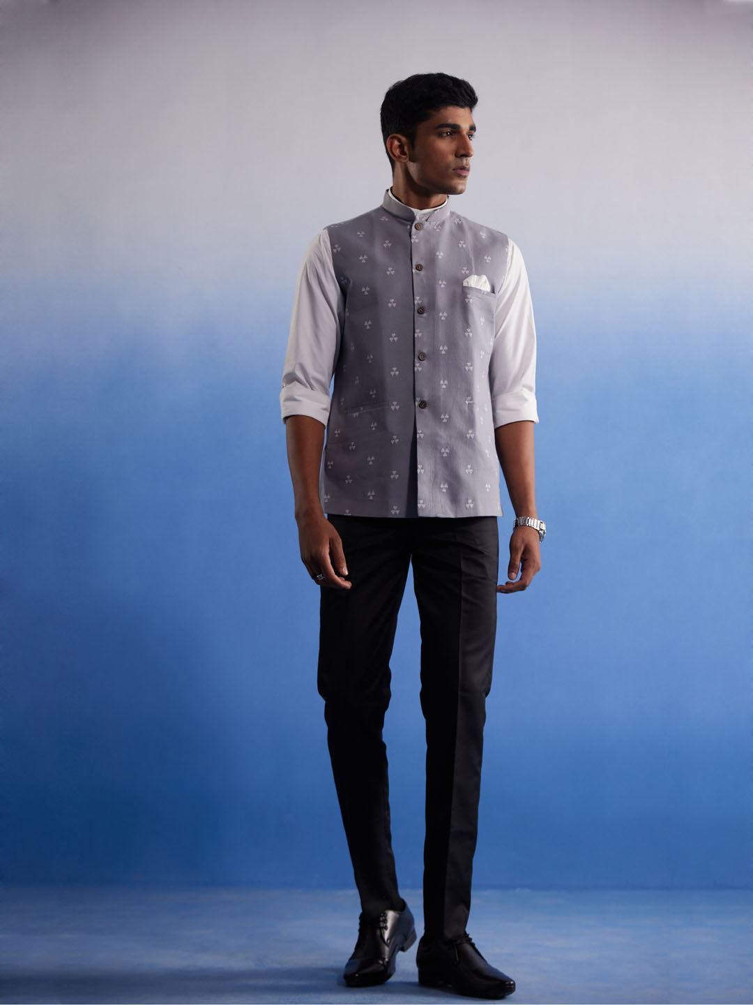 Men's Grey Jacquard Nehru Jacket