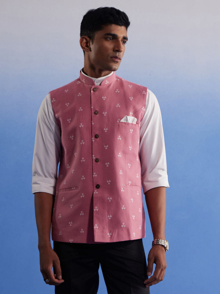 Men's Pink Jacquard Nehru Jacket