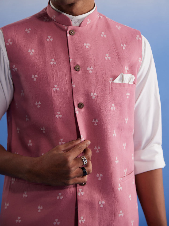 Men's Pink Jacquard Nehru Jacket