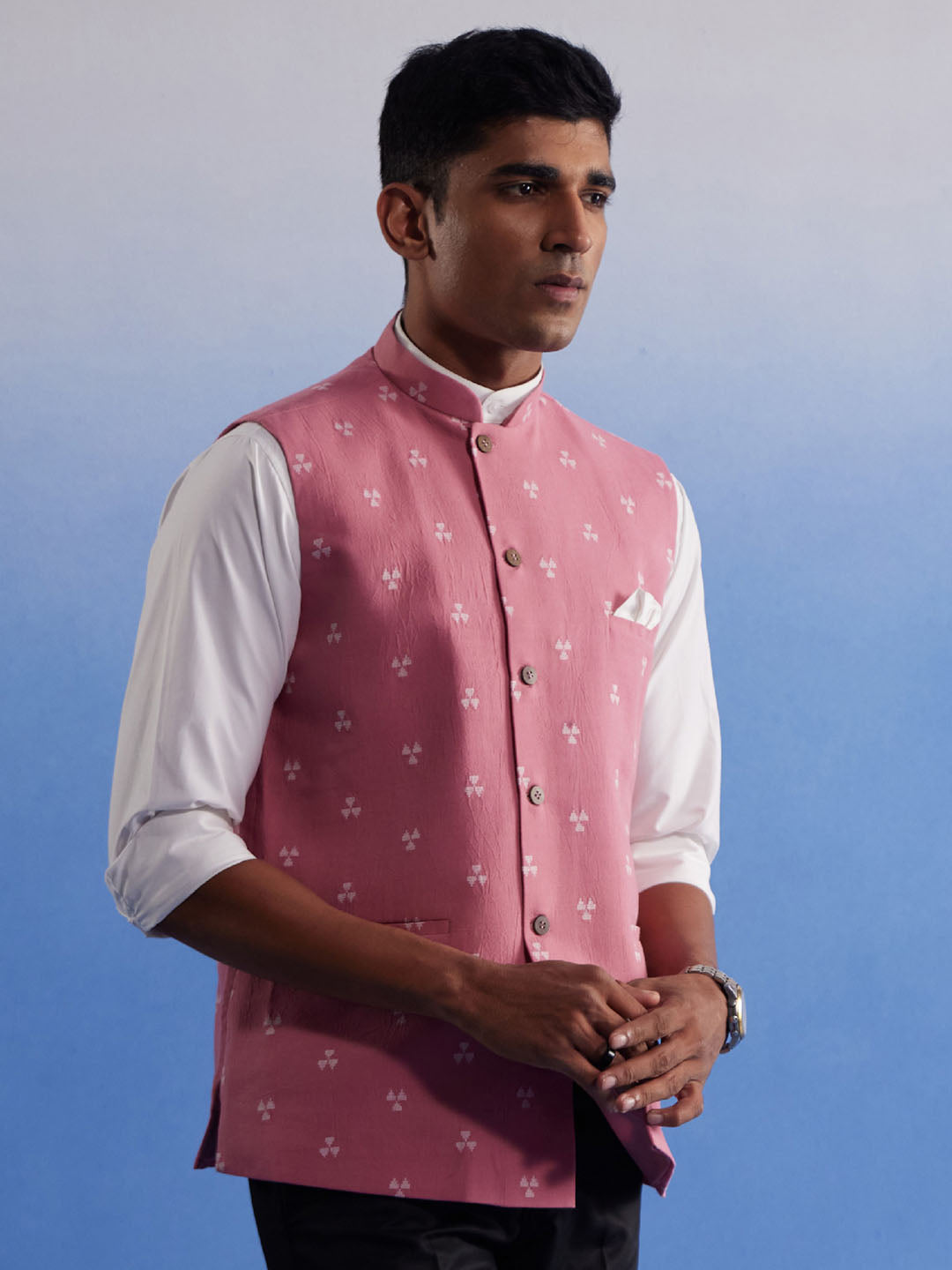 Men's Pink Jacquard Nehru Jacket