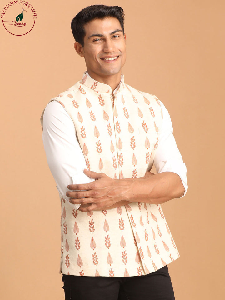 Men's Cream Leaf Printed Pure Cotton Nehru Jacket