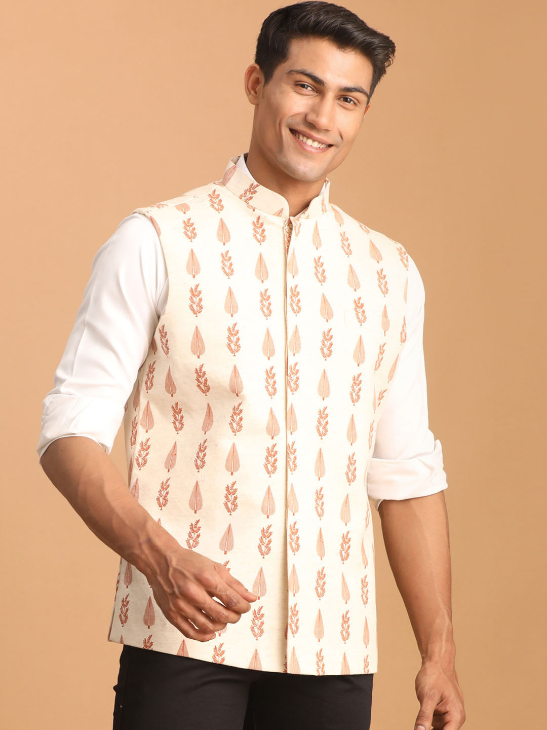 Men's Cream Leaf Printed Pure Cotton Nehru Jacket
