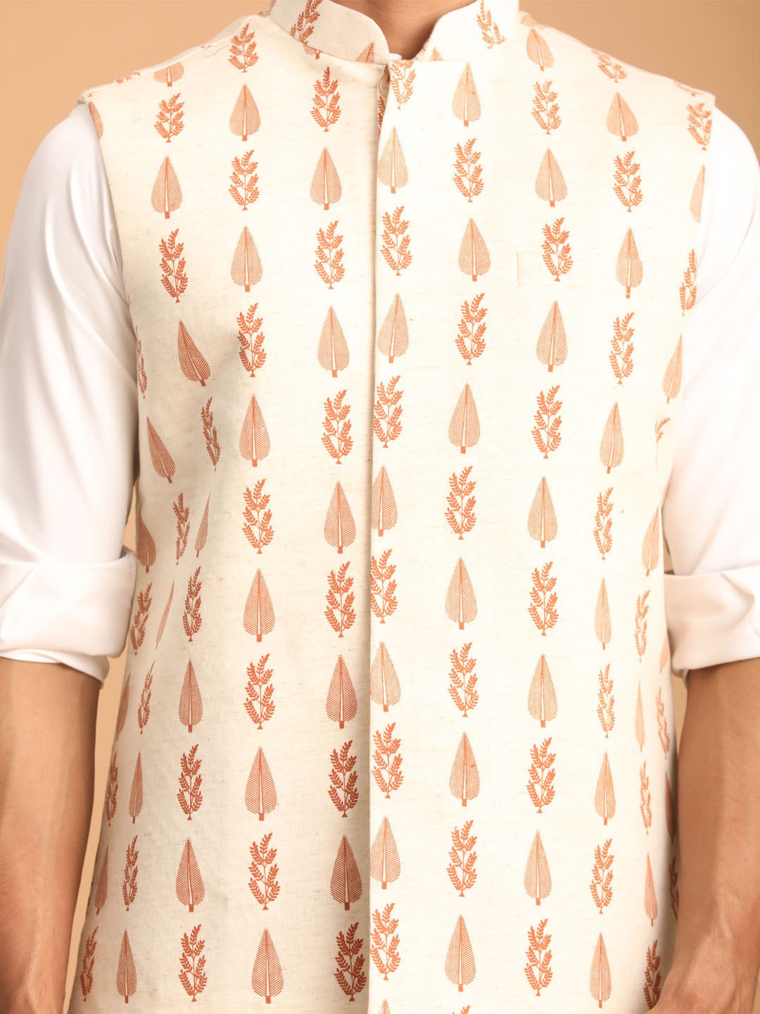 Men's Cream Leaf Printed Pure Cotton Nehru Jacket