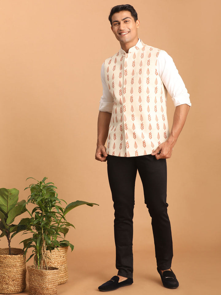 Men's Cream Leaf Printed Pure Cotton Nehru Jacket