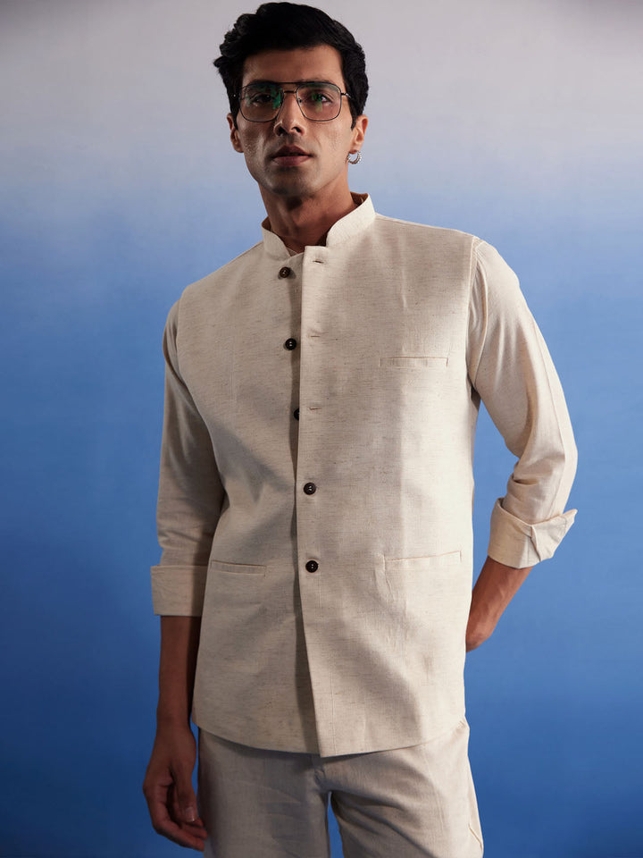 Men's Cream Pure Cotton Nehru Jacket