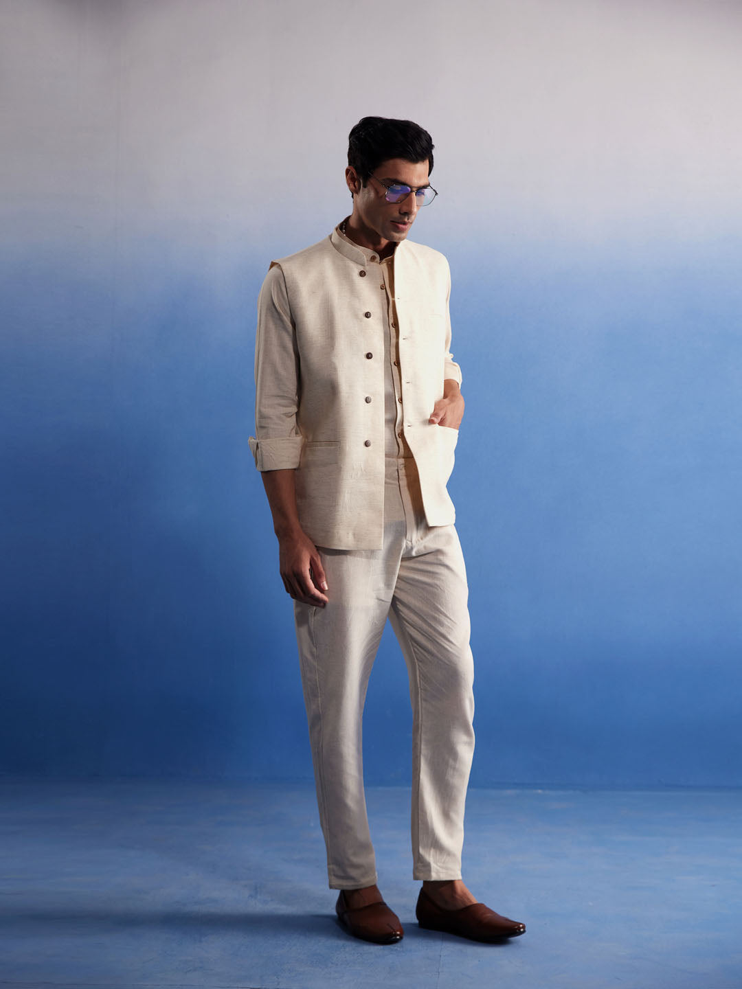 Men's Cream Pure Cotton Nehru Jacket