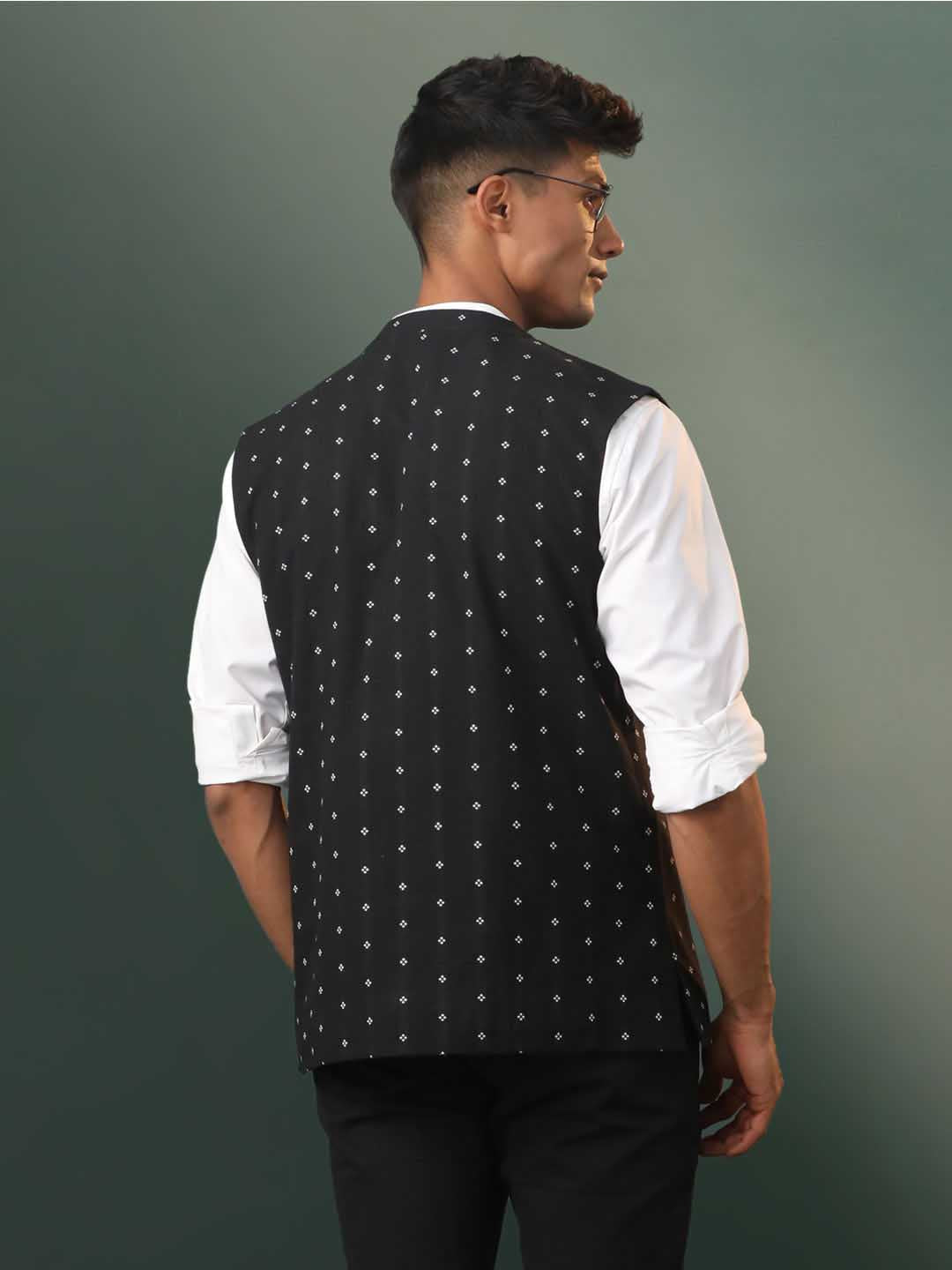 Men's Black Jacquard Cotton Nehru Jacket