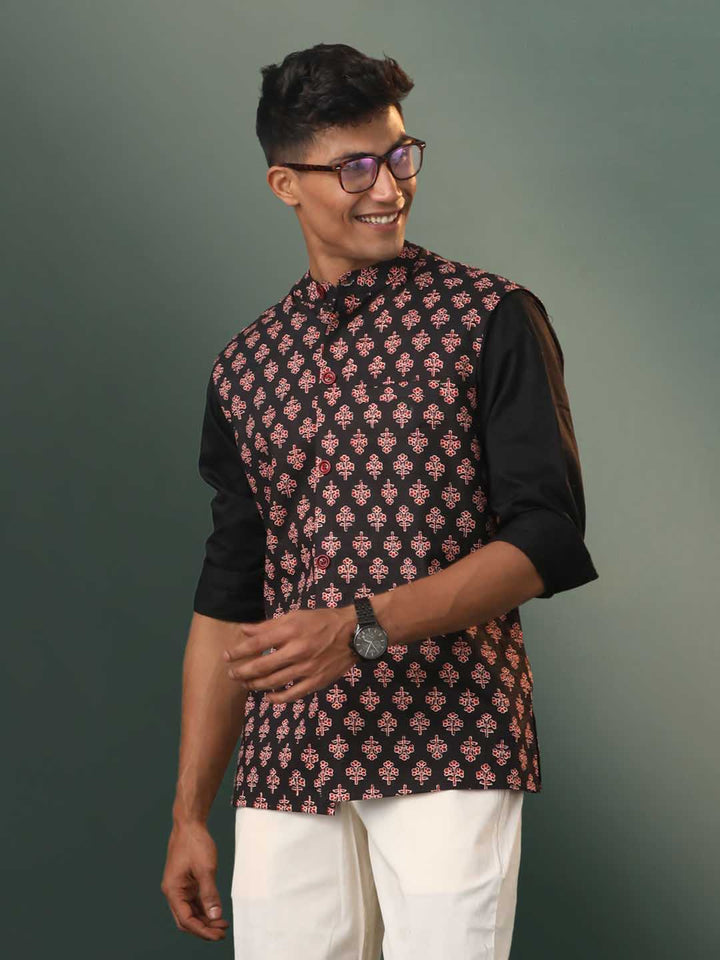 Men's Black Floral Printed Cotton Nehru Jacket