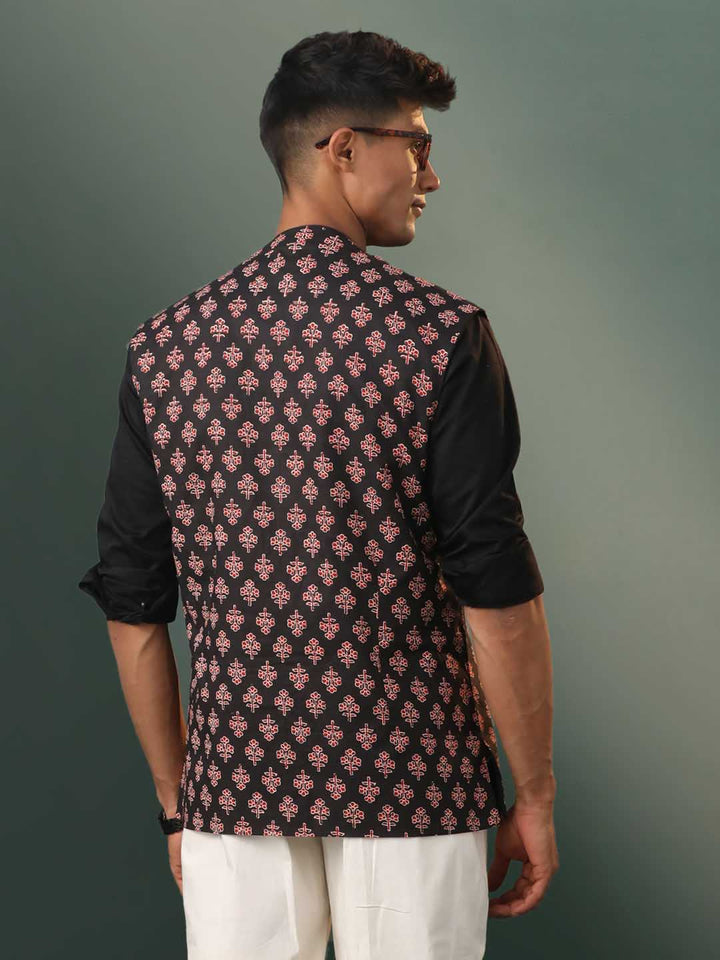 Men's Black Floral Printed Cotton Nehru Jacket