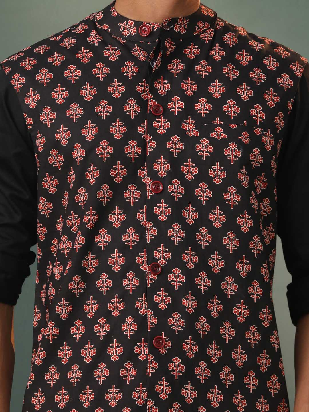 Men's Black Floral Printed Cotton Nehru Jacket