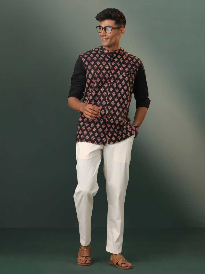 Men's Black Floral Printed Cotton Nehru Jacket