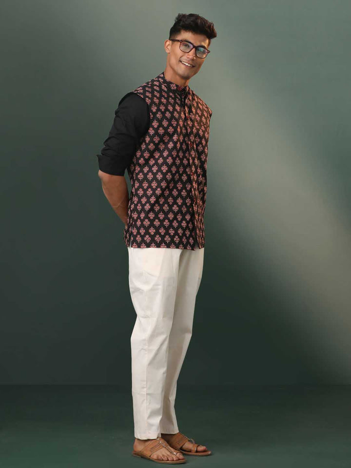 Men's Black Floral Printed Cotton Nehru Jacket