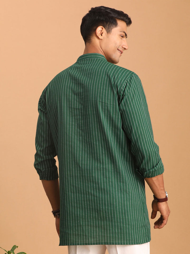Men's Green Striped Cotton Short Kurta