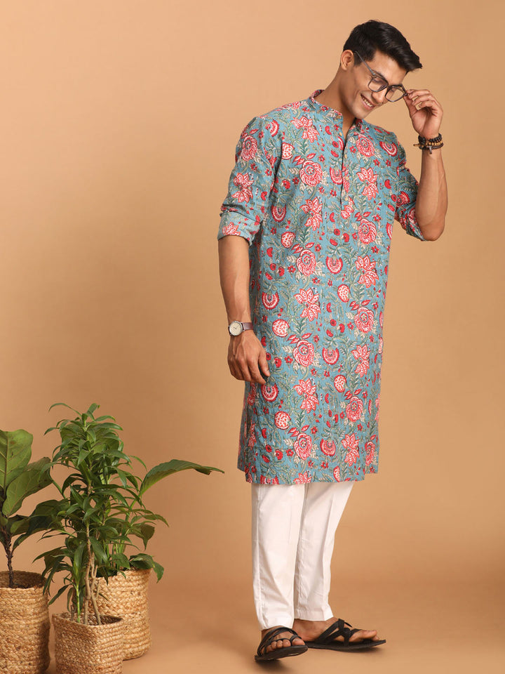 Men's Blue And Red Floral Printed Cotton Kurta With White Pant Set