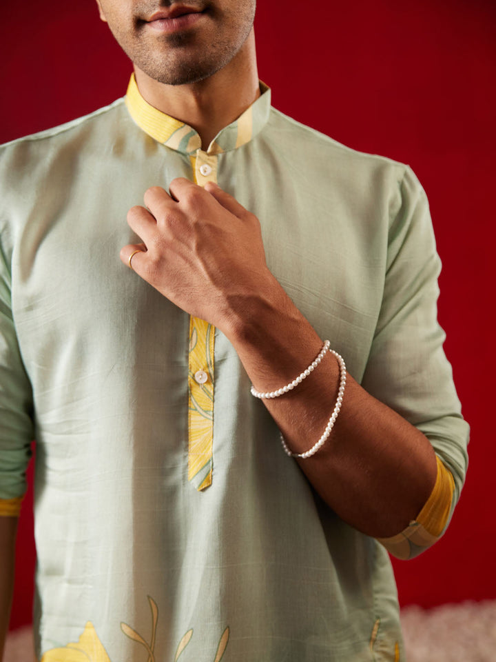 Men's Multicolor Base Yellow Cotton Printed Kurta Pant Set