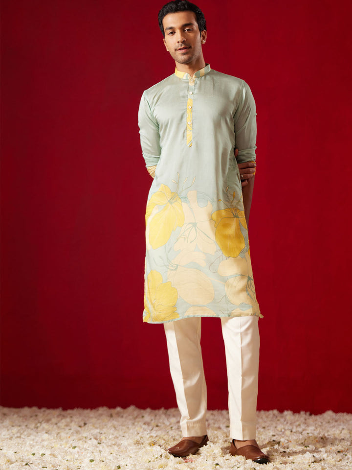 Men's Multicolor Base Yellow Cotton Printed Kurta Pant Set