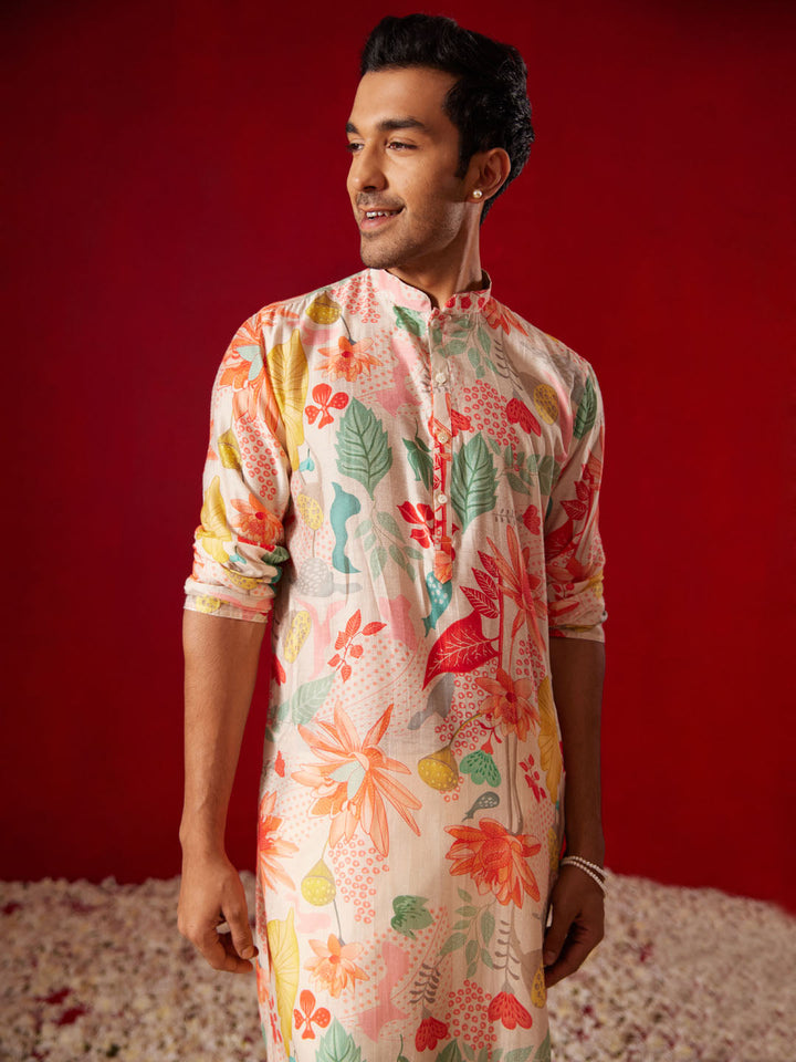 Men's Multicolor Cotton Printed Kurta Pant Set