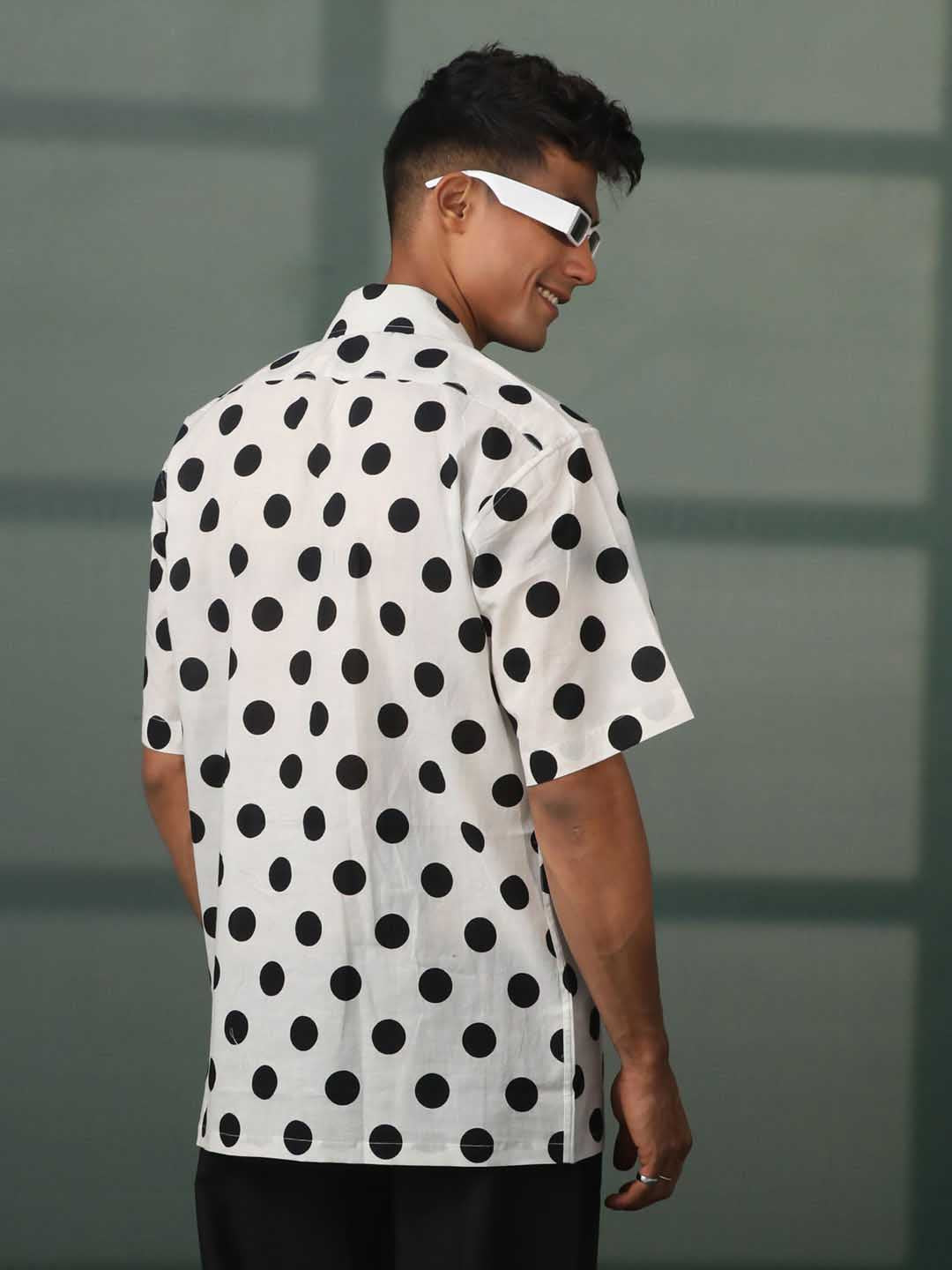 Men's White And Black Polka Dot Print Cotton Shirt