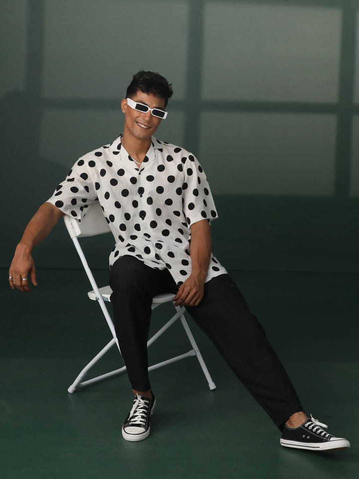 Men's White And Black Polka Dot Print Cotton Shirt