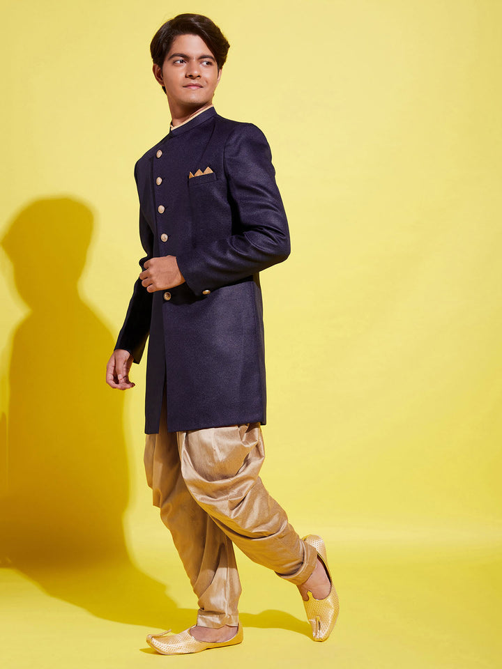 VASTRAMAY Boys Navy Blue And Rose Gold Indowestern Set - qivii